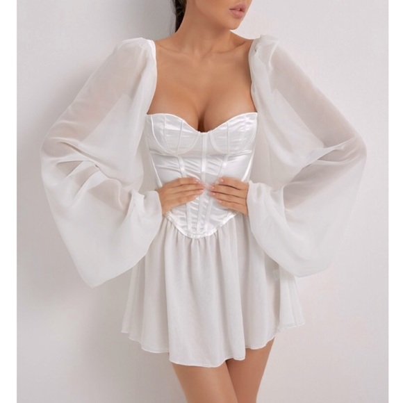 Chiffon Bubble Sleeve Bustier Corset Mini Dress - Picture 5 of 11